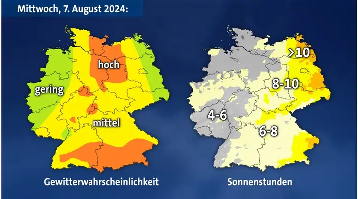 Gewitterwahrscheinlichkeit und Sonnenstunden am Mittwoch | © tagesschau.de